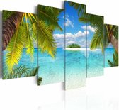 Schilderij - Paradijs Eiland, Blauw/Groen, 5luik , wanddecoratie , premium print op canvas