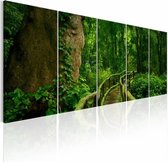 Schilderij - Onbekende paden in het bos , groen bruin , 5 luik