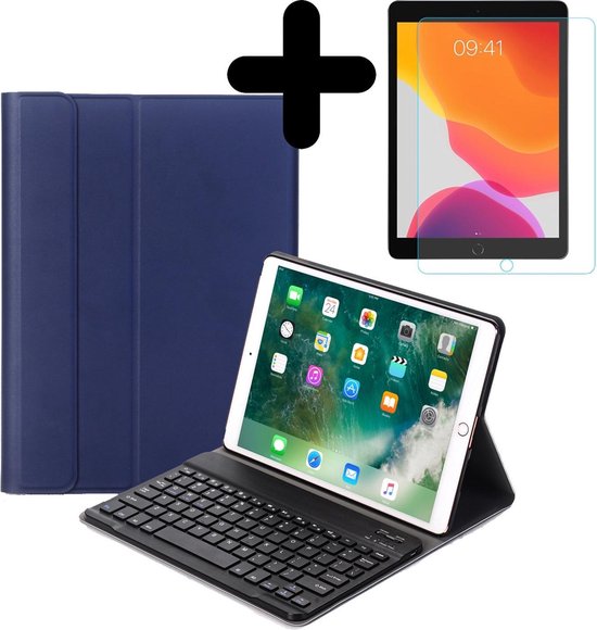 Hoes Geschikt voor iPad 10.2 2019 Hoes Toetsenbord Hoesje Keyboard Case Cover Met Screenprotector - Hoesje Geschikt voor iPad 7 Hoes Toetsenbord Case - Donkerblauw