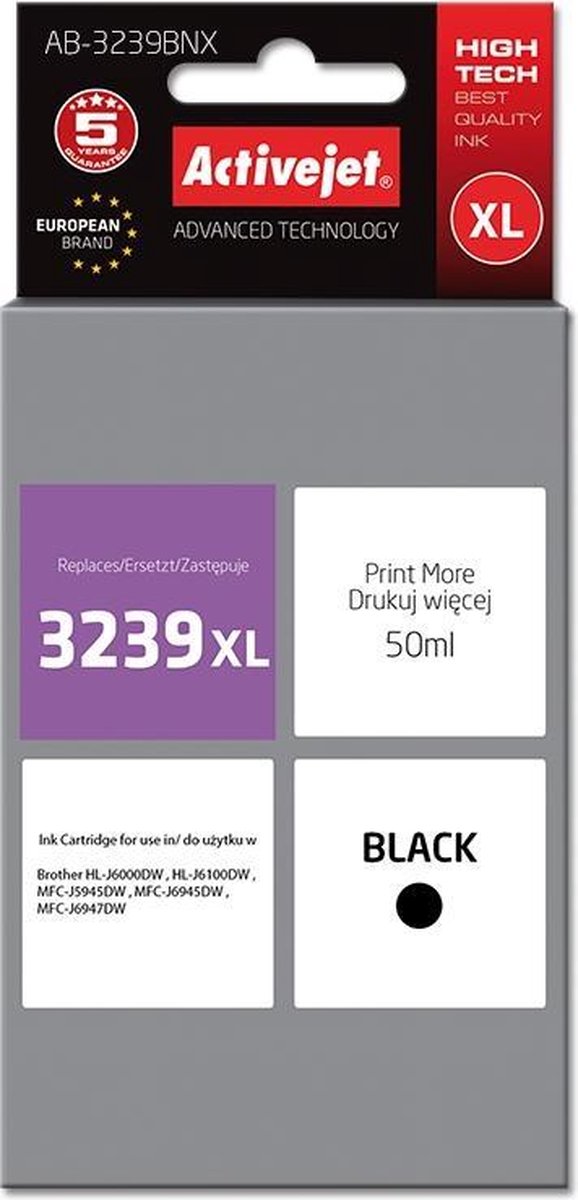 ActiveJet AB-3239BNX-inkt voor brotherprinter; Brother LC3239XLBK-vervanging; Opperste; 50 ml; zwart.