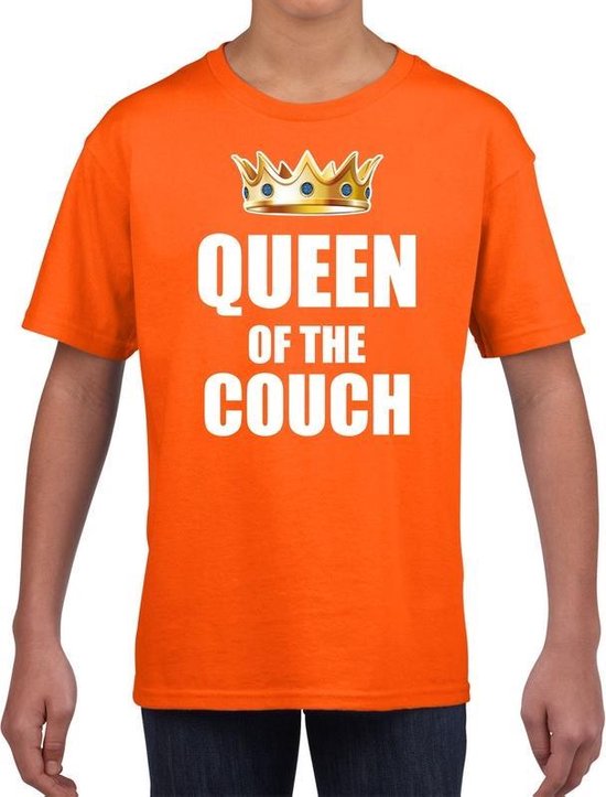 Koningsdag t-shirt queen of the couch oranje voor meisjes / kinderen - Woningsdag - thuisblijvers / Kingsday thuis vieren outfit 104/110