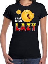 Funny emoticon t-shirt i was born lazy zwart voor dames L