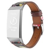 Voor Fitbit Charge 4/3 Top-grain leer + 316L roestvrijstalen band, maat: kleine code (roze bloem)