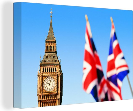 Canvas Schilderij De Big Ben en twee Britse vlaggen in Londen - 30x20 cm - Wanddecoratie