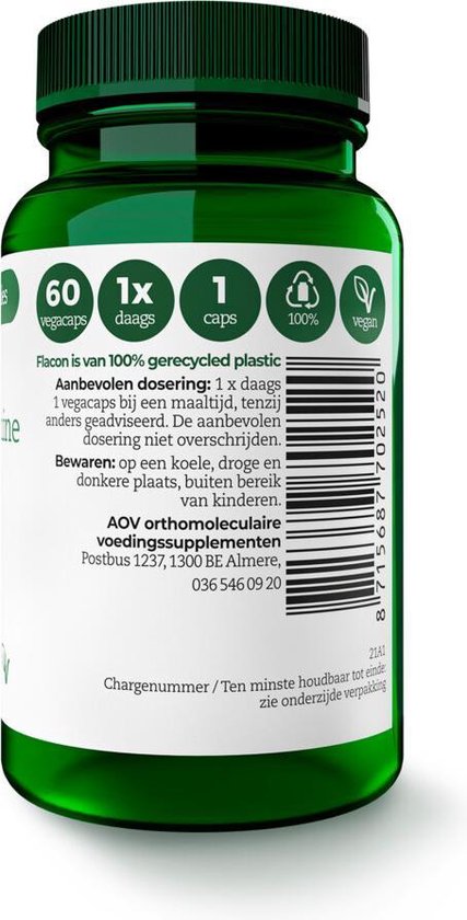 Zijkant van een groene AOV-fles met informatie over 60 vegacaps, 1x daags, vegan.