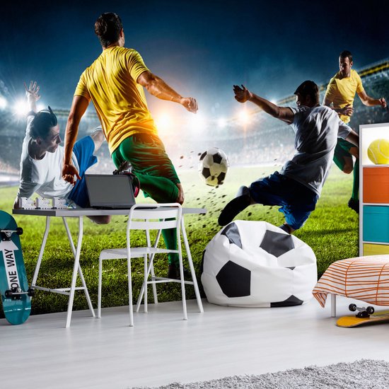 Foto: 350cm x 245cm fotobehang beslissende tackle voetbal premium print vliesbehang