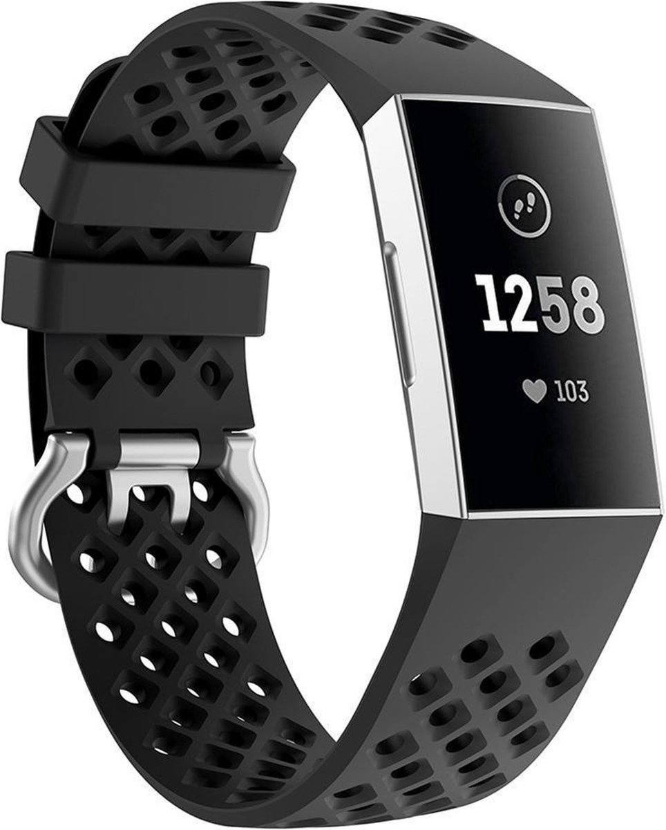 Geschikt voor Fitbit Charge 3 siliconen bandje met gaatjes - zwart - Maat S
