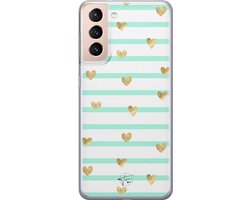 Hoesje geschikt voor Samsung Galaxy S21 Plus - Mint hartjes - Soft Case - TPU - Print - Blauw - Mooie Telefoonhoesjes