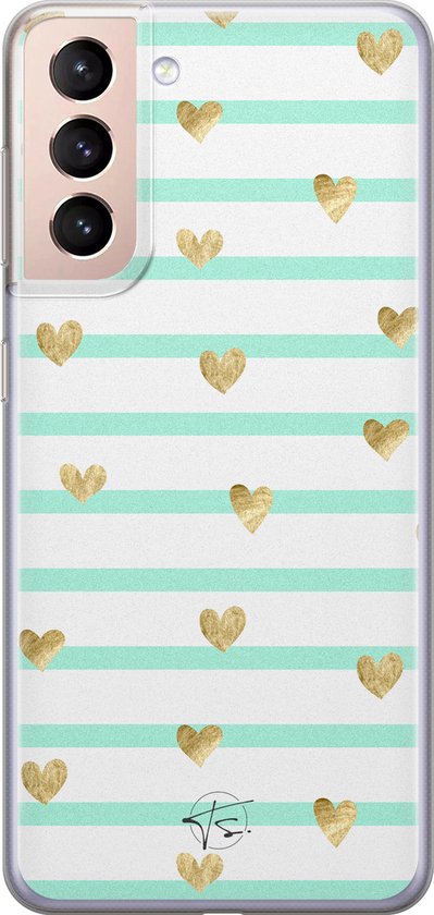 Hoesje geschikt voor Samsung Galaxy S21 Plus - Mint hartjes - Soft Case - TPU - Print - Blauw - Mooie Telefoonhoesjes