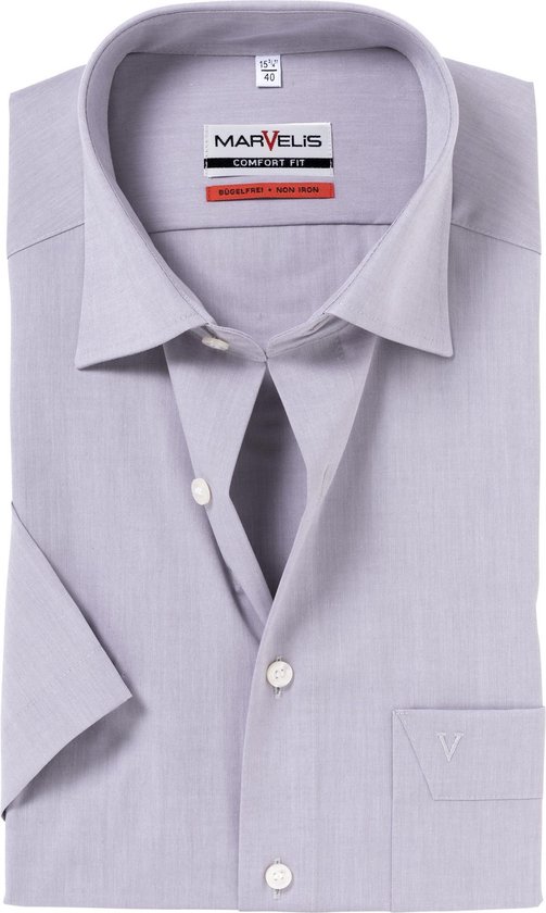 MARVELIS Comfort Fit overhemd - korte mouw - grijs - Strijkvrij - Boordmaat: