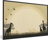 Photo en cadre - Une illustration d'un safari africain en fond avec cadre photo girafes noir 120x80 cm - Affiche sous cadre (Décoration murale salon / chambre)