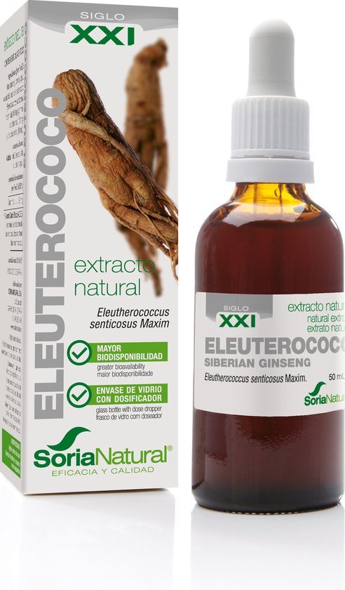 Doos en bruine druppelfles met Soria Natural Eleuterococcus Siberische Ginseng extract.