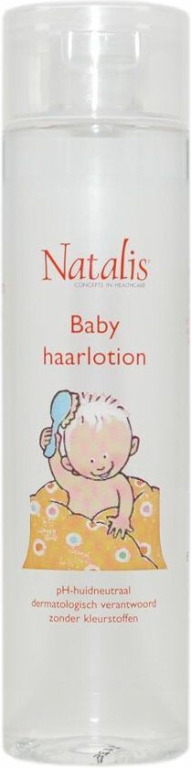 Fles baby haarlotion met opdruk van een baby die zijn haar kamt, onder een gele doek met bloemen. Tekst: "Natalis Baby haarlotion".