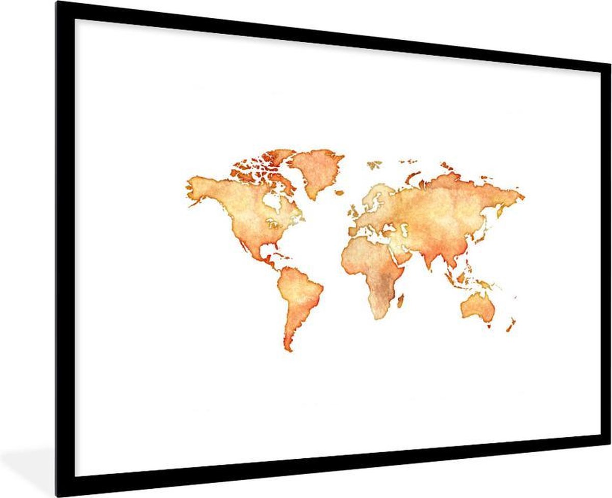 Afbeelding van product PosterMonkey  Poster met lijst Wereldkaart - Oranje - Waterverf - 90x60 cm