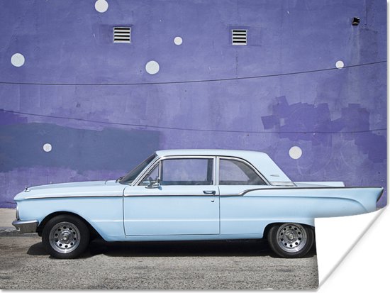 Babyblauwe vintage auto 160×120 cm XXL / Groot formaat! – Foto print op Poster (wanddecoratie woonkamer / slaapkamer)