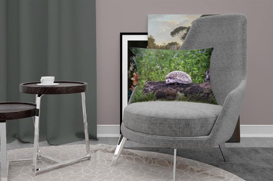 Sierkussen Hérisson pour l'intérieur - Hérisson sur souche d'arbre - 50x30 cm - Coussin intérieur rectangulaire en coton