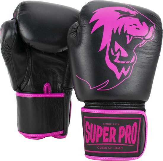 Gants de boxe Super Pro Combat Gear Warrior Leather (kick) Noir / Rose 12oz