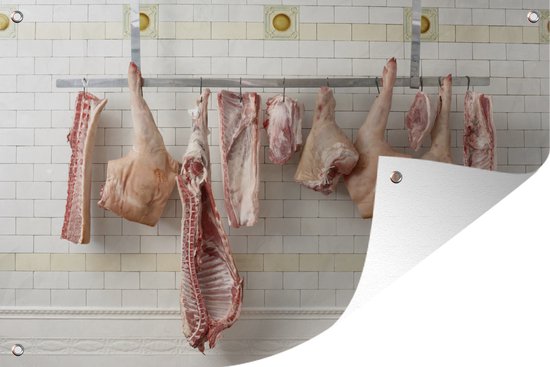 Tuindecoratie De stukken vlees van de slager hangen aan haken - 60x40 cm - Tuinposter - Tuindoek - Buitenposter