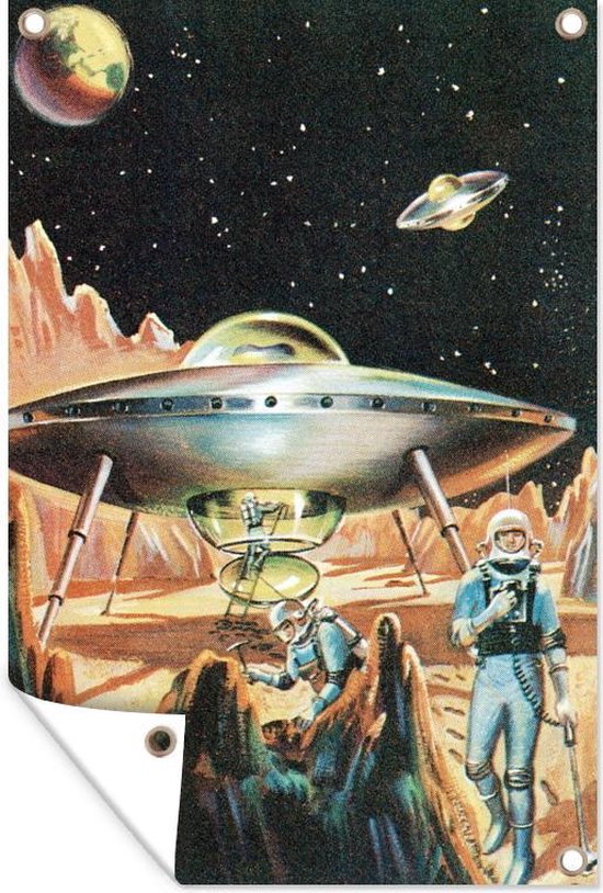 Tuinposters buiten Een Science-Fiction illustratie van een UFO op een planeet - 60x90 cm - Tuindoek - Buitenposter