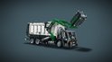 LEGO Technic speelgoed vuilniswagen met groene laadarm en witte container, op effen grijze achtergrond.