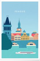 JUNIQE - Poster Retro Praag -13x18 /Blauw & Turkoois
