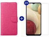 BixB Samsung A12 hoesje - Met 2x screenprotector / tempered glass - Book Case Wallet - Roze