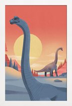 JUNIQE - Poster met houten lijst Brachiosaurus -13x18 /Blauw & Oranje