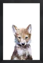 JUNIQE - Poster in houten lijst Wolfje illustratie -40x60 /Bruin & Wit