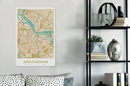 Peinture sur Toile City Map - Amsterdam - Vintage - 40x60 cm - Décoration murale - Carte