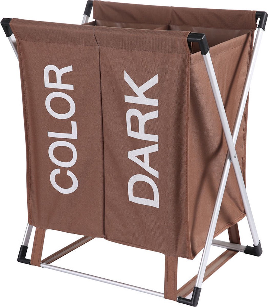 Goedkoopste Wassorteerder - 60 L - Wasmand 2 Vakken - Opvouwbare Wasmanden - Wassorteerder 2 vaks - Aluminium Frame - Bruin - Wit