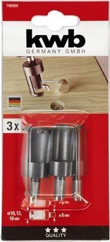 Verpakking met 3 KWB proppenboren, maten 10, 12, 16 mm. Duits vlaggetje.