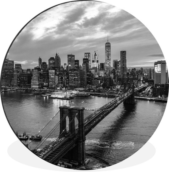 WallCircle - Wandcirkel - Muurcirkel - Luchtfoto Brooklynbridge -zwart-wit - Aluminium - Dibond - ⌀ 60 cm - Binnen en Buiten