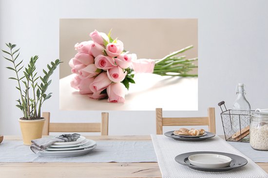 Sticker Muursticker Rose rose - bouquet de rose rose sur tableau blanc - 90x60 cm - film adhésif autocollant - sticker mural repositionnable
