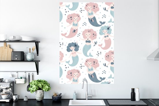 Sticker Muursticker Motif de la chambre des enfants - Motif des enfants avec des sirènes aux couleurs pastel - 80x120 cm - feuille autocollante - sticker mural repositionnable