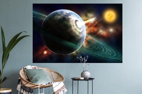 Sticker Muursticker Système solaire - Crash de météorite - 120x80 cm - film adhésif autocollant - sticker mural repositionnable