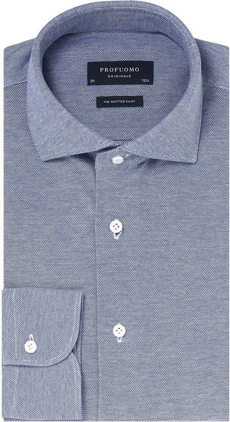 Profuomo slim fit jersey overhemd - knitted shirt pique - blauw melange - Strijkvrij - Boordmaat: 43