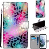 Voor Samsung Galaxy S21 FE Gekleurde Tekening Cross Textuur Horizontale Flip PU Lederen Case met Houder & Kaartsleuven & Portemonnee & Lanyard (Doorschijnend Glas)