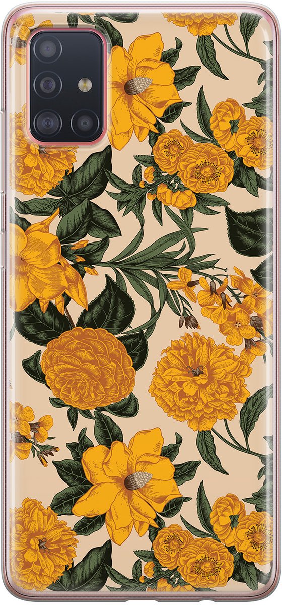 Leuke Telefoonhoesjes - Hoesje geschikt voor Samsung Galaxy A51 - Retro flowers - Soft case - TPU - Bloemen - Geel