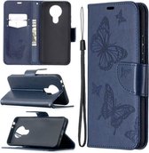 Voor Nokia 3.4 Two Butterflies Embossing Pattern Horizontale Flip lederen tas met houder & kaartsleuf & portemonnee & lanyard (donkerblauw)