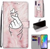 Voor Huawei Y6p Gekleurde Tekening Cross Textuur Horizontale Flip PU Lederen Case met Houder & Kaartsleuven & Portemonnee & Lanyard (Roze Handen Hart)