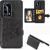 Voor Huawei P40 Pro + Mandala Reliëf Magnetische Doek PU + TPU + PC Case met Houder & Kaartsleuven & Portemonnee & Fotolijst & Riem (Zwart)