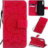 Voor Huawei Enjoy 10S Geperst Afdrukken Zonnebloempatroon Horizontale Flip PU-lederen Case met Houder & Kaartsleuven & Portemonnee & Lanyard (Rood)
