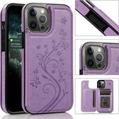 Vlinders Bloemen Dubbele gesp PU + TPU beschermhoes met houder & kaartsleuven en fotolijst voor iPhone 12 Pro Max (paars)