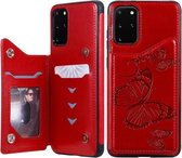 Voor Galaxy S20 Plus vlinder reliëfpatroon schokbestendig beschermhoes met houder & kaartsleuven en fotolijst (rood)