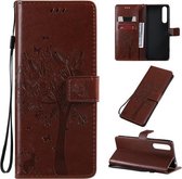 Voor Sony Xperia 1 II Boom & Kat Patroon Geperst Afdrukken Horizontale Flip PU Leren Case met Houder & Kaartsleuven & Portemonnee & Lanyard (Bruin)