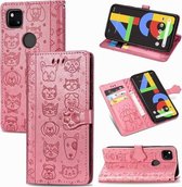 Voor Google Pixel 4A Leuke Kat en Hond Reliëf Horizontale Flip Leren Case met Beugel / Kaartsleuf / Portemonnee / Lanyard (Roze)