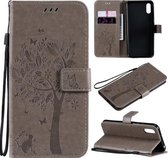 Voor Xiaomi Redmi 9A Boom & Kat Patroon Geperst Afdrukken Horizontale Flip PU Lederen Case met Houder & Kaartsleuven & Portemonnee & Lanyard (Grijs)