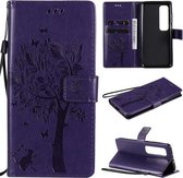 Voor Xiaomi Mi 10 Ultra Tree & Cat Pattern Pressed Printing Horizontale Flip PU lederen tas met houder & kaartsleuven & portemonnee & lanyard (paars)