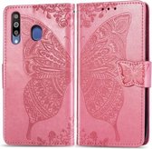 Butterfly Love Flowers Embossing Horizontale Flip Leather Case voor Galaxy M30 met houder & kaartsleuven & portemonnee & lanyard (roze)