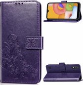 Voor Galaxy A01 Lucky Clover Pressed Flowers Pattern Leather Case met houder & kaartsleuven & portemonnee & draagriem (paars)